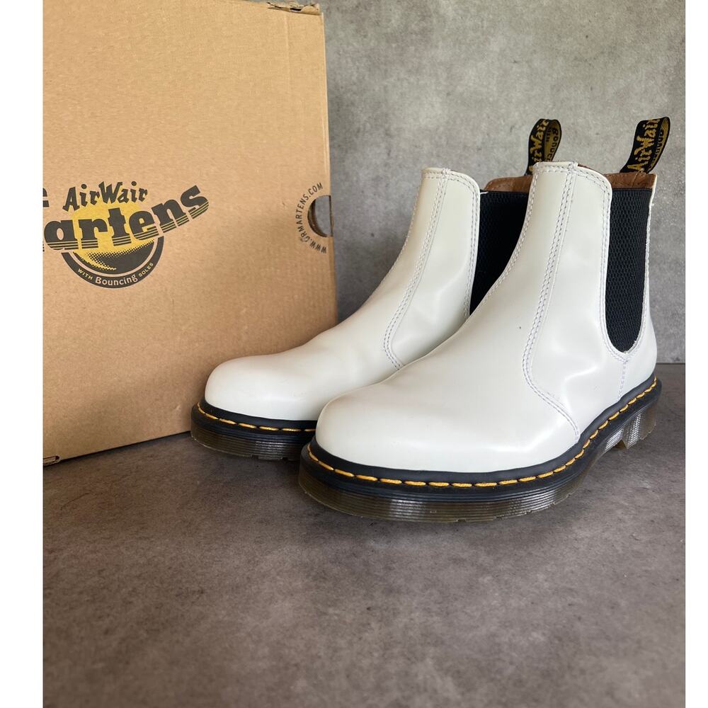 Dr. Martens White Chelsea Booties with Yellow Stitching